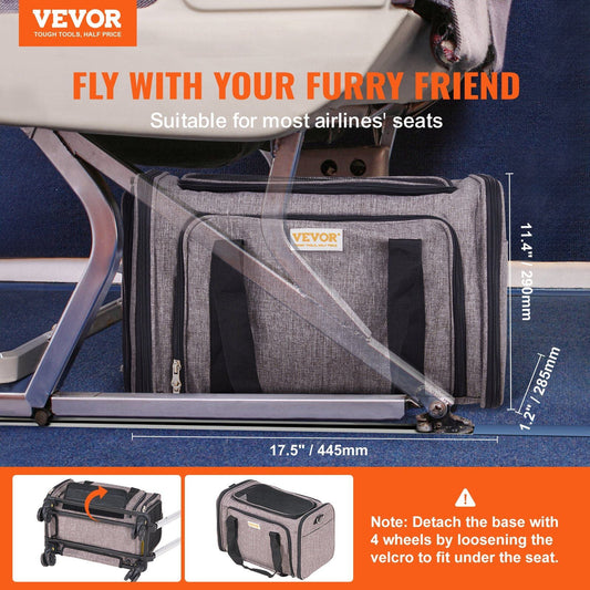 Grey airline-approved cat carrier with wheels, telescopic handle, breathable mesh, and folding bowl for pets under 25 lbs