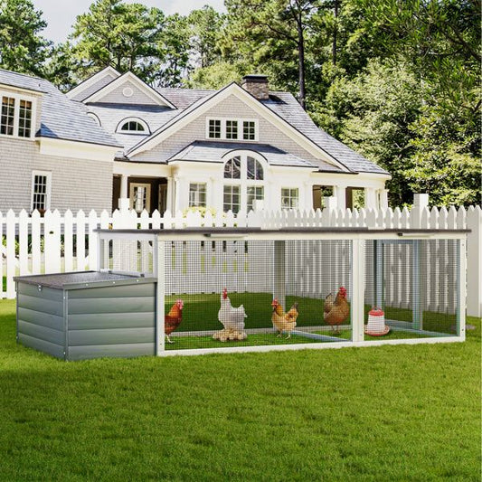 Large wooden chicken coop with weatherproof asphalt roof, nesting box, and metal mesh run for outdoor poultry use