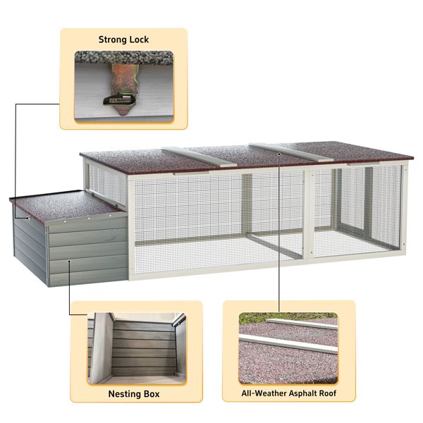 Large wooden chicken coop with asphalt roof, nesting box, metal mesh run, and secure locks for outdoor backyard use