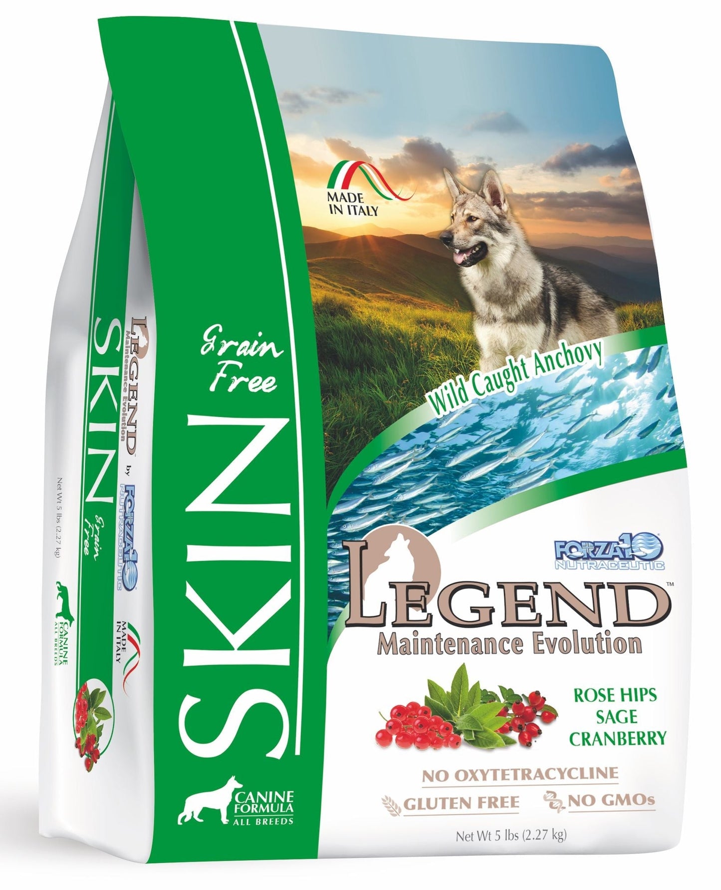 Legend Dog Skin 5lb premium diet for skin and coat health, with omega fatty acids and natural ingredients.