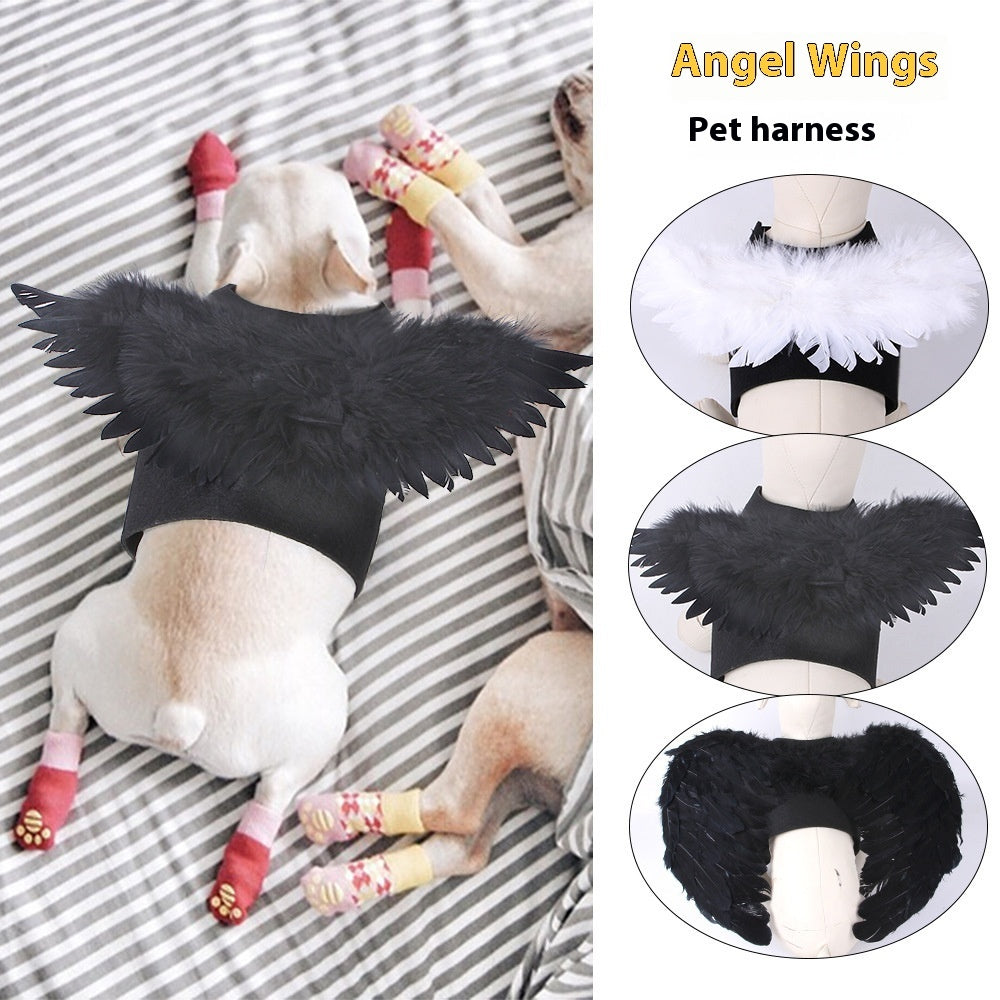 Halloween Angel Wings pet costume, black feathered wings attached to a soft felt chest-back harness with a broad band.