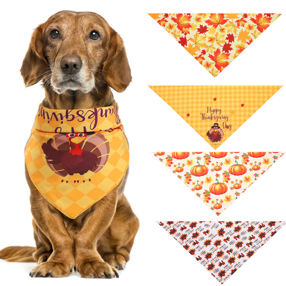 Turkey Thanksgiving Pet Saliva fabric pet bandana in orange and yellow plaid, with a turkey illustration and seasonal autumn prints.