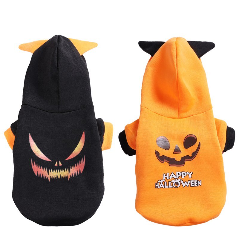 Halloween Pet Clothes: cotton pet hoodie in black or orange, with pointed ears and spooky Halloween prints.