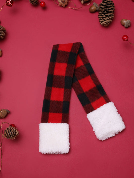 Christmas Series Dog Bib with red and black plaid pattern and white fleece cuffs on festive background