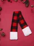 Christmas Series Dog Bib with red and black plaid pattern and white fleece cuffs on festive background