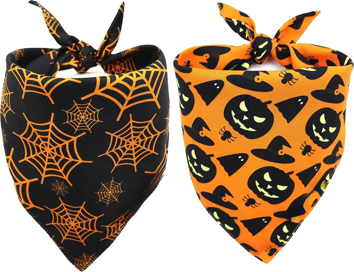 Halloween Dog Bandanas are reversible triangular fabric scarves, black with orange spiderwebs and orange with black pumpkins, hats and bats.