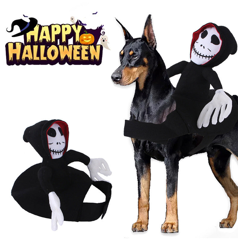 Funny Pet Halloween Costume with a black hooded skeleton rider, white skull mask and gloves on a dog’s back.