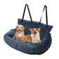 Dog car seat with two happy dogs, plush material, and adjustable straps for safe pet travel.