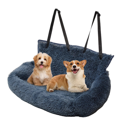 Dog car seat with two happy dogs, plush material, and adjustable straps for safe pet travel.