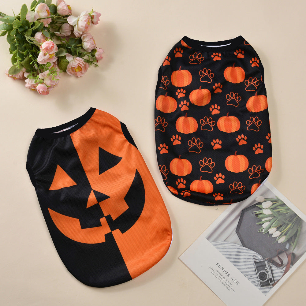 Pet Clothing Halloween polyester dog shirts in orange and black, with a jack-o’-lantern face and pumpkin paw-print pattern