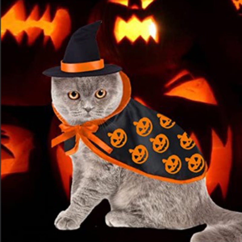 Pet Halloween cloak in black cloth with orange trim, bow and pumpkin print, paired with a pointed witch hat; Cross-border Amazon Halloween.