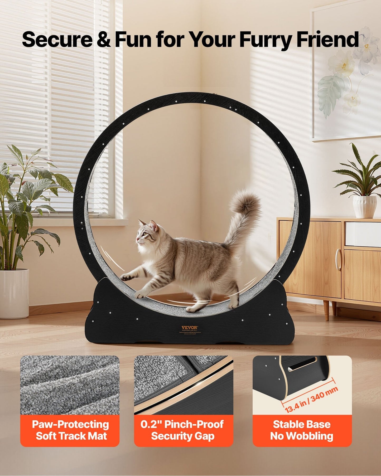 Cat Exercise Wheel, 48 In Wooden Cat Running Wheel For Indoor Cats Up To 28 Lbs, Cats Treadmill With Carpeted Runway, Quiet Kitten Sport Toys For Pets Fitness & Health, Black