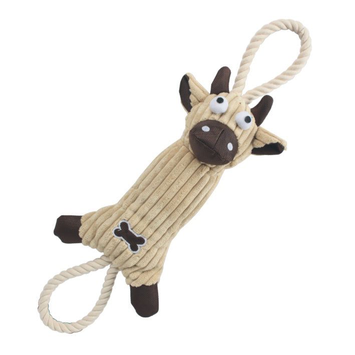 Eco-friendly jute and rope plush cow pet toy with squeakers, tough nylon, and unique design for oral hygiene.
