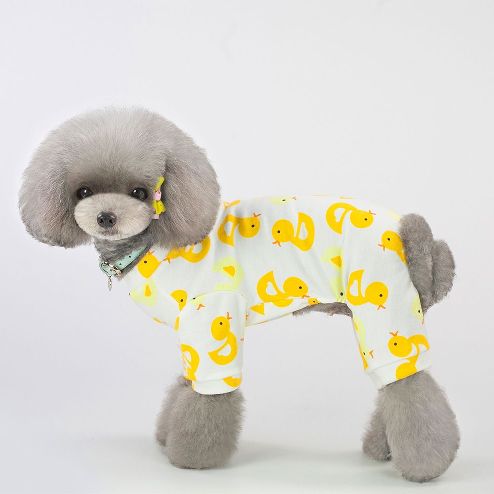 Cute dog in a yellow duck print jumpsuit, perfect pet pajamas for all seasons.