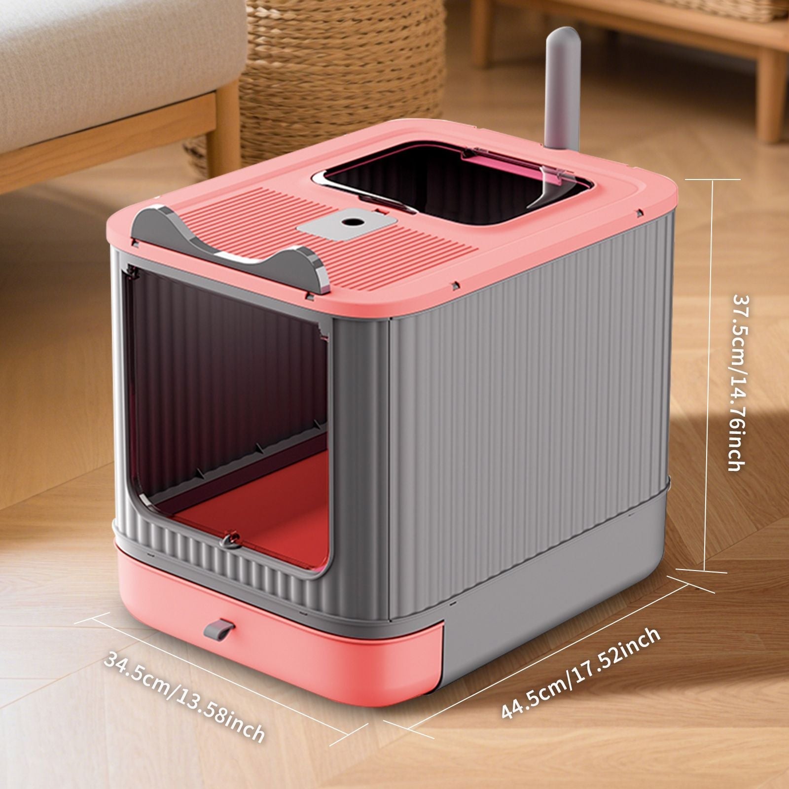 Drawer style cat litter box with foldable collapsible design in white and gray colors