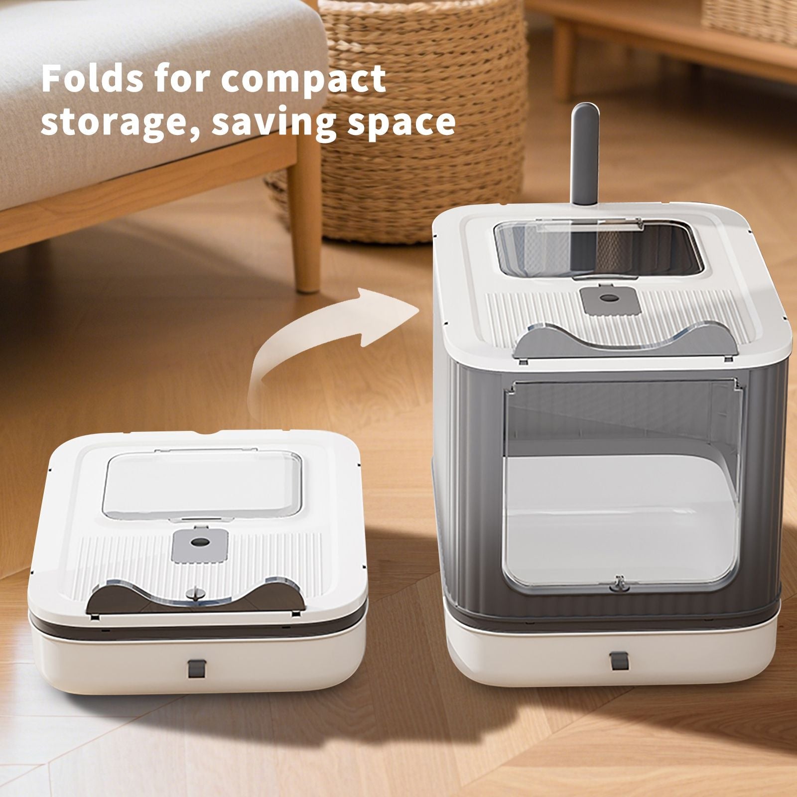 Drawer style cat litter box with foldable collapsible design in beige color