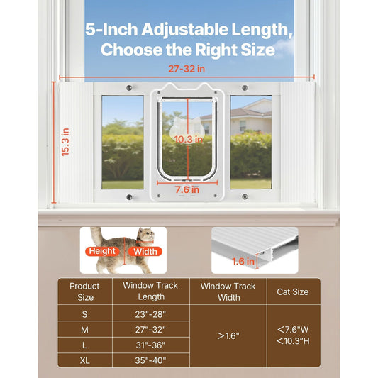 White adjustable cat door for window 27-32 inches with aluminum frame and magnetic closure