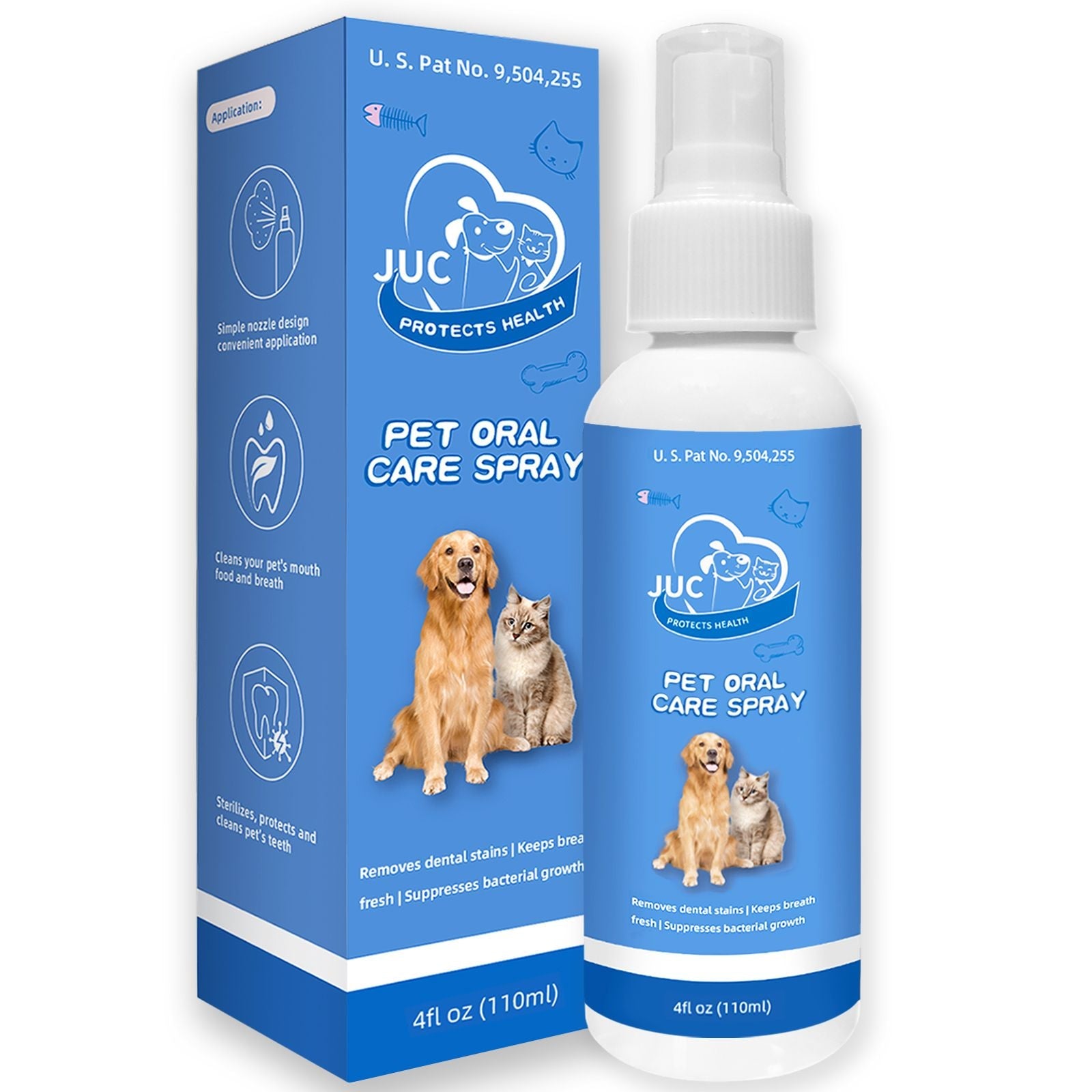 Dog breath freshener spray for oral care, 4 fl. oz bottle, suitable for dogs and cats.