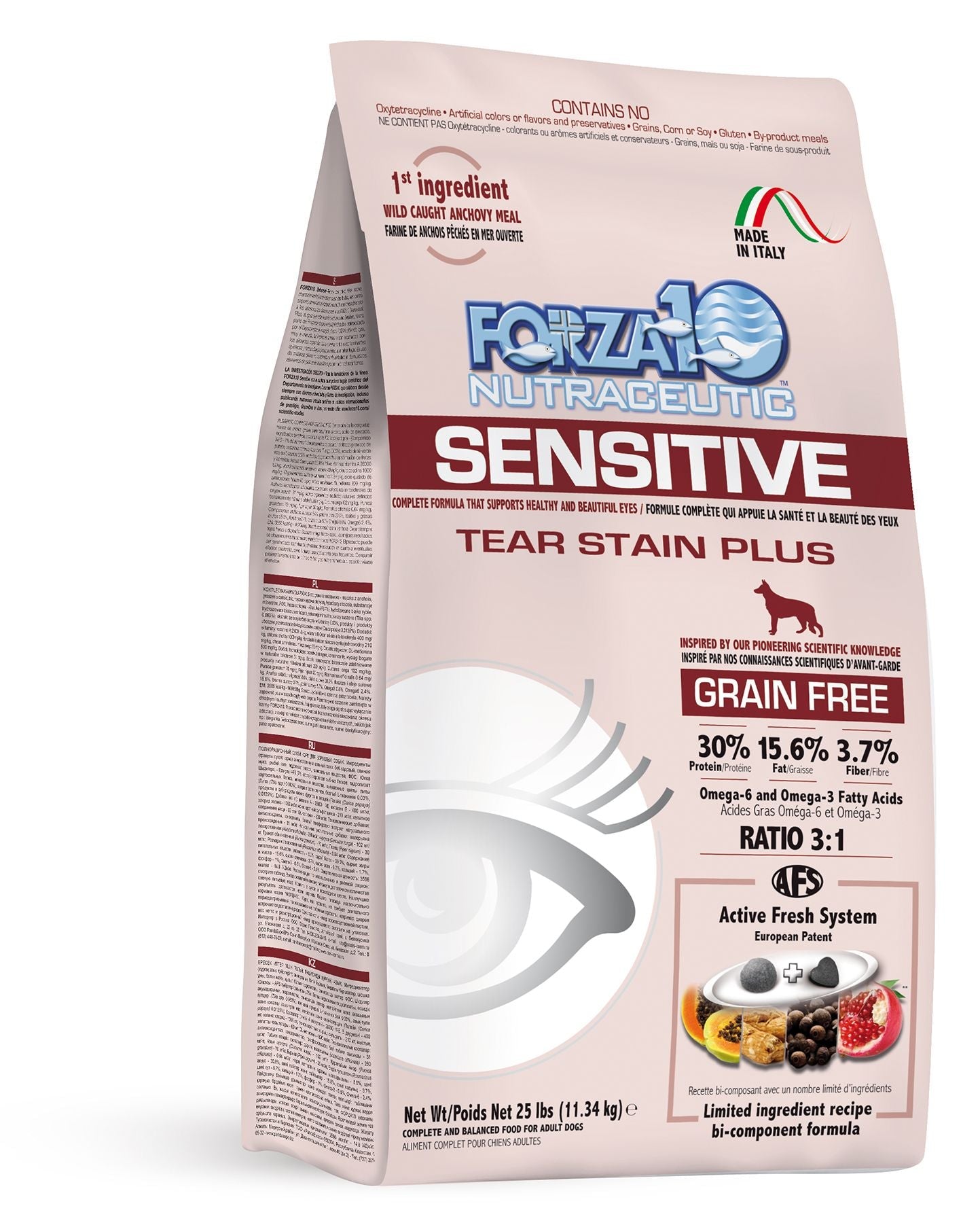 Sensitive Dog Tear Stain 25lb grain-free dog food for tear stains and allergies, high-quality ingredients, 25lb bag.