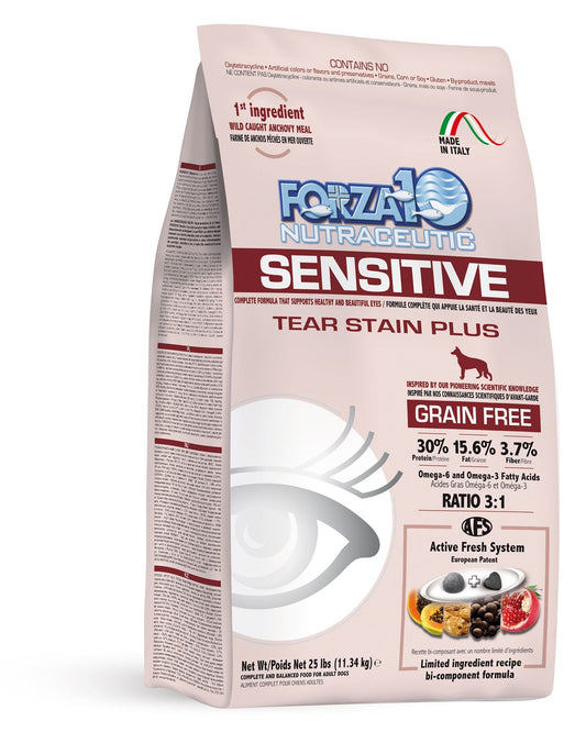 Sensitive Dog Tear Stain 25lb grain-free dog food for tear stains and allergies, high-quality ingredients, 25lb bag.