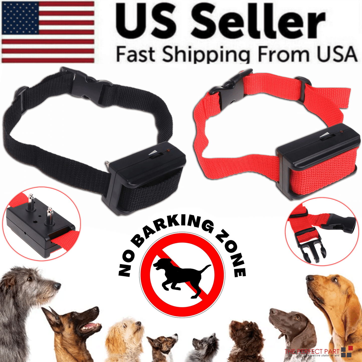 Dog training collars with 'No Barking Zone' sign and images of dogs, US seller text, and American flag.