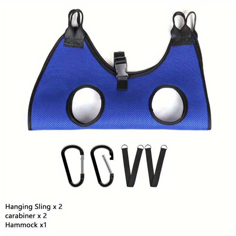 Versatile grooming restraint hammock for pets, featuring blue sling, carabiners, and straps. Ideal for bathing and trimming.