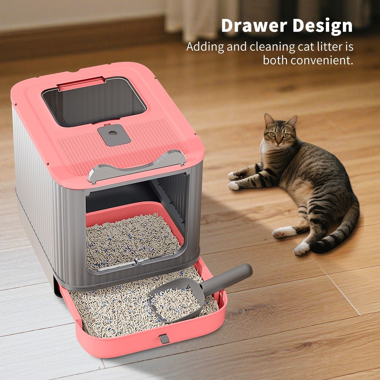 Foldable drawer style cat litter box with collapsible design and compact packaging