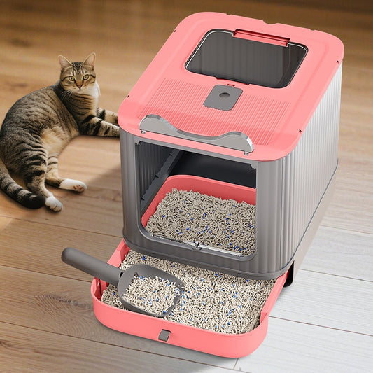 Foldable drawer style cat litter box with collapsible design in neutral colors