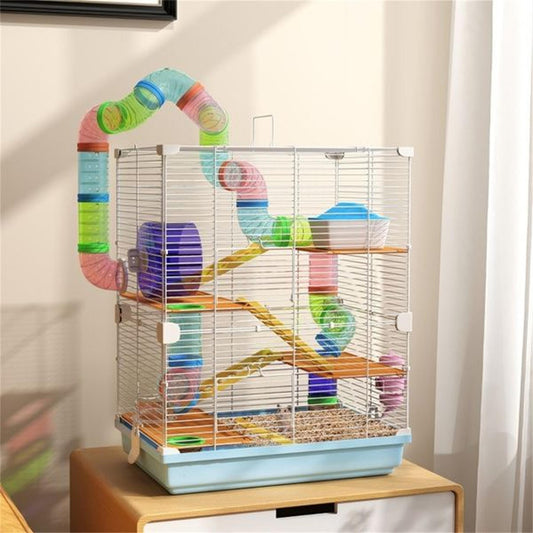 Multi-tier hamster cage with tubes, exercise wheel, and accessories in light blue and white.