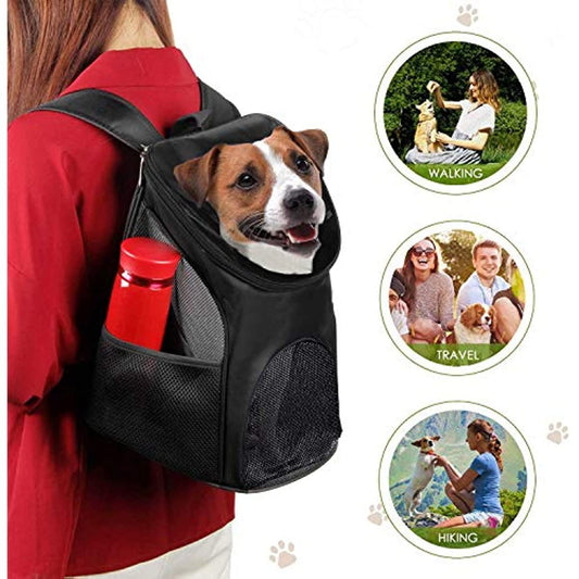 Breathable dog carrier backpack with mesh ventilation, safety features, and cushioned back support for small pets during outdoor activities