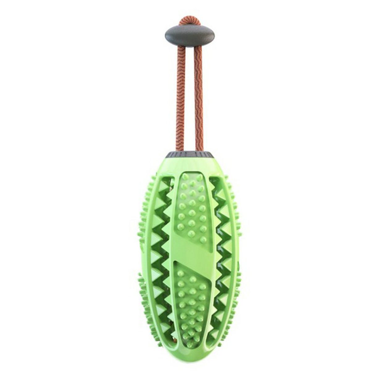 Durable rubber chew ball with rope handle; bouncy teething toy for puppies; green color; pet toothbrush feature; suitable for fetch and play.