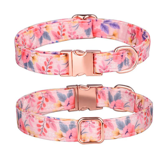 Sunflower pet collar with vibrant floral print on soft cotton fabric.