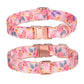 Sunflower print cotton pet collar with adjustable fit and rose gold buckle.