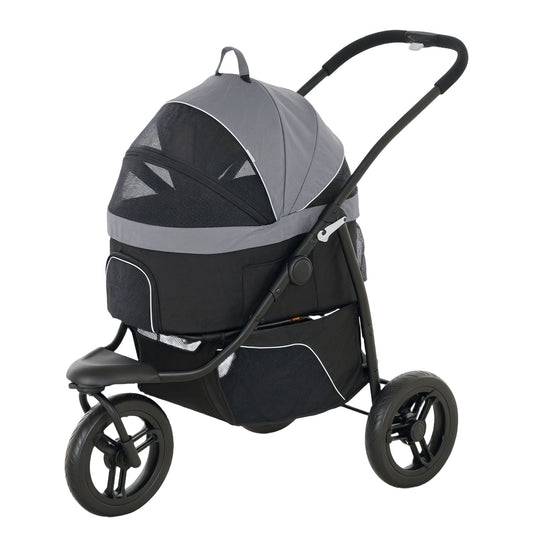 Gray pet jogging stroller with 3-in-1 design, large wheels, and adjustable canopy for small dogs and cats.