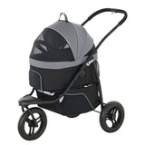 Gray pet jogging stroller with 3-in-1 design, large wheels, and adjustable canopy for small dogs and cats.