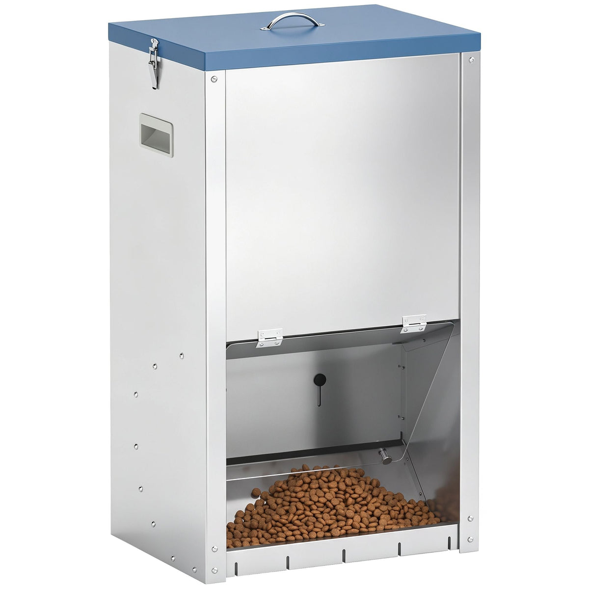 50lbs Automatic Dog Feeder with silver galvanized steel body, blue lid, clear viewing window and hinged food access door.