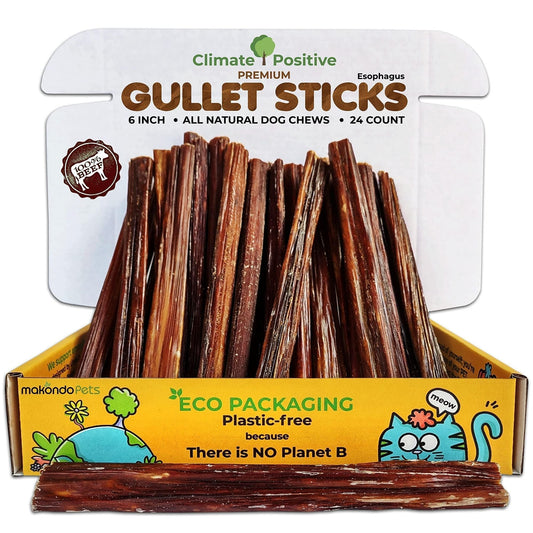 Gullet Chews 24 natural beef esophagus dog chews in eco-friendly packaging, 24 count, promote dental health and low-fat protein snack