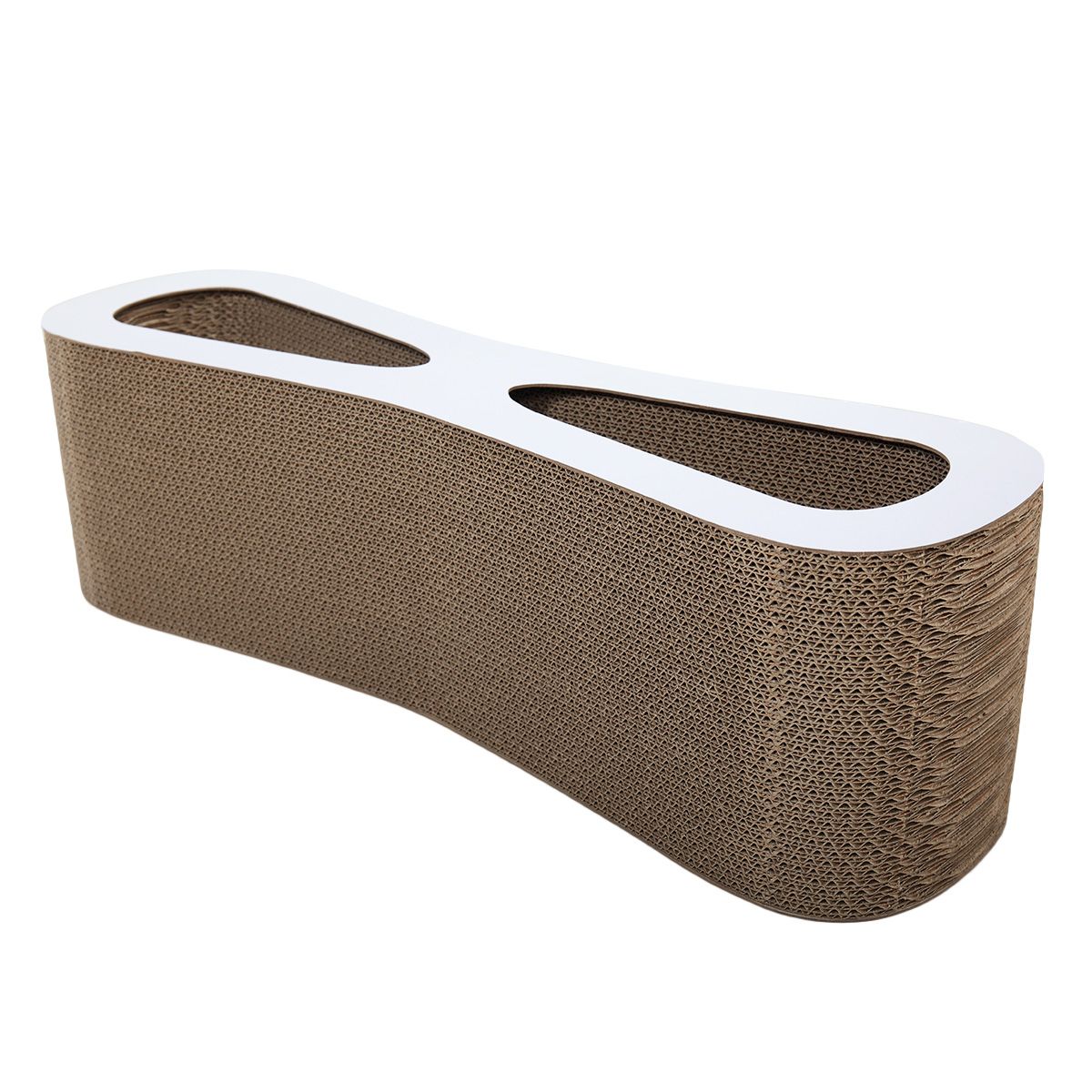 Cat-eyed cat scratcher and lounge in original wood color made of non-toxic BC corrugated board with catnip included to protect furniture.