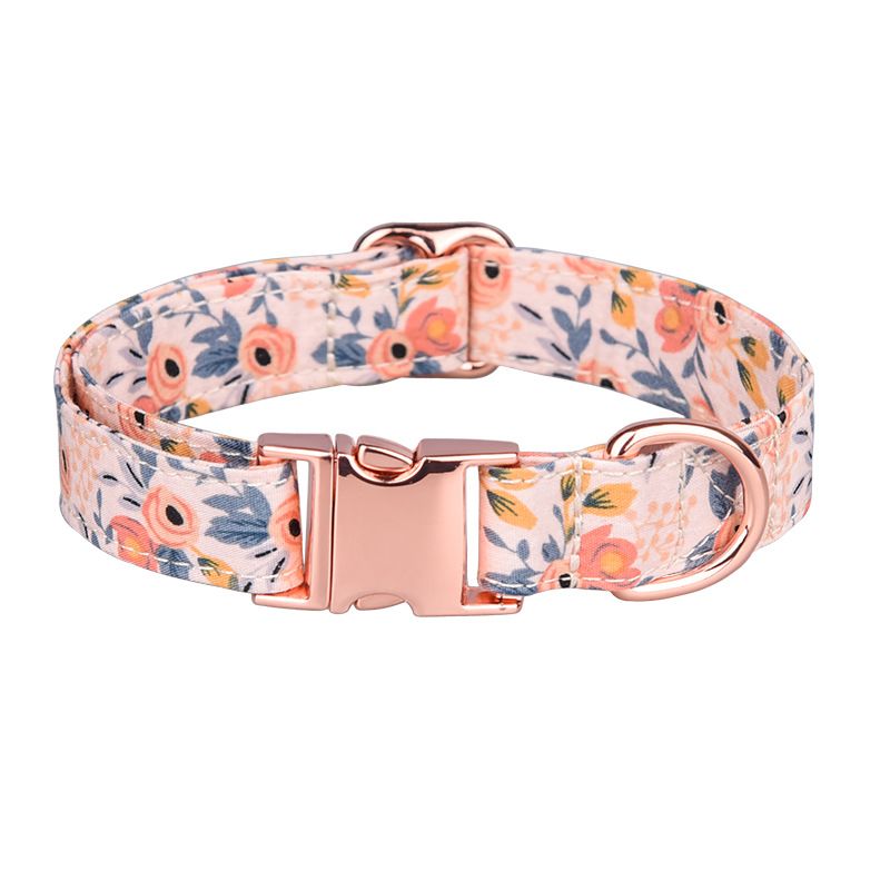 Sunflower print cotton pet collar with adjustable fit and rose gold buckle.