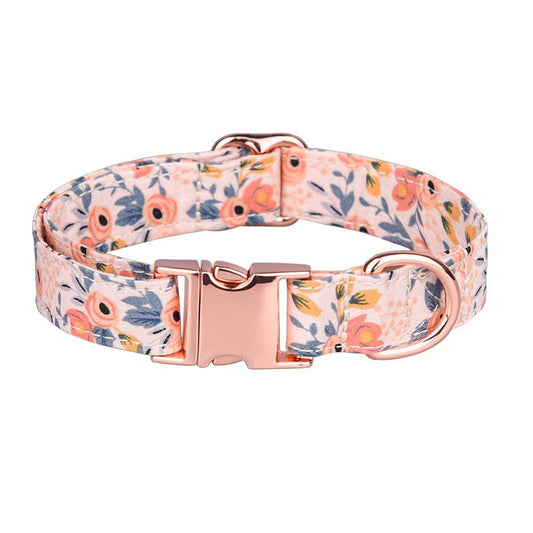 Sunflower print cotton pet collar with adjustable fit and rose gold buckle.