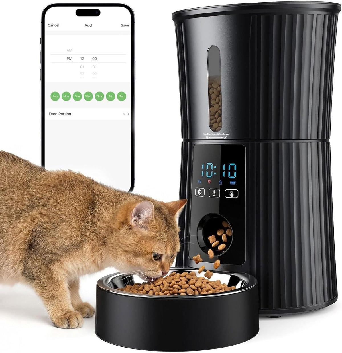 Intelligent feeder in black ribbed plastic with a clear food-level window, digital controls and stainless steel bowl.