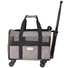 Vevor Cat Carrier with wheels, airline-approved pet carrier with telescopic handle and breathable mesh, grey.