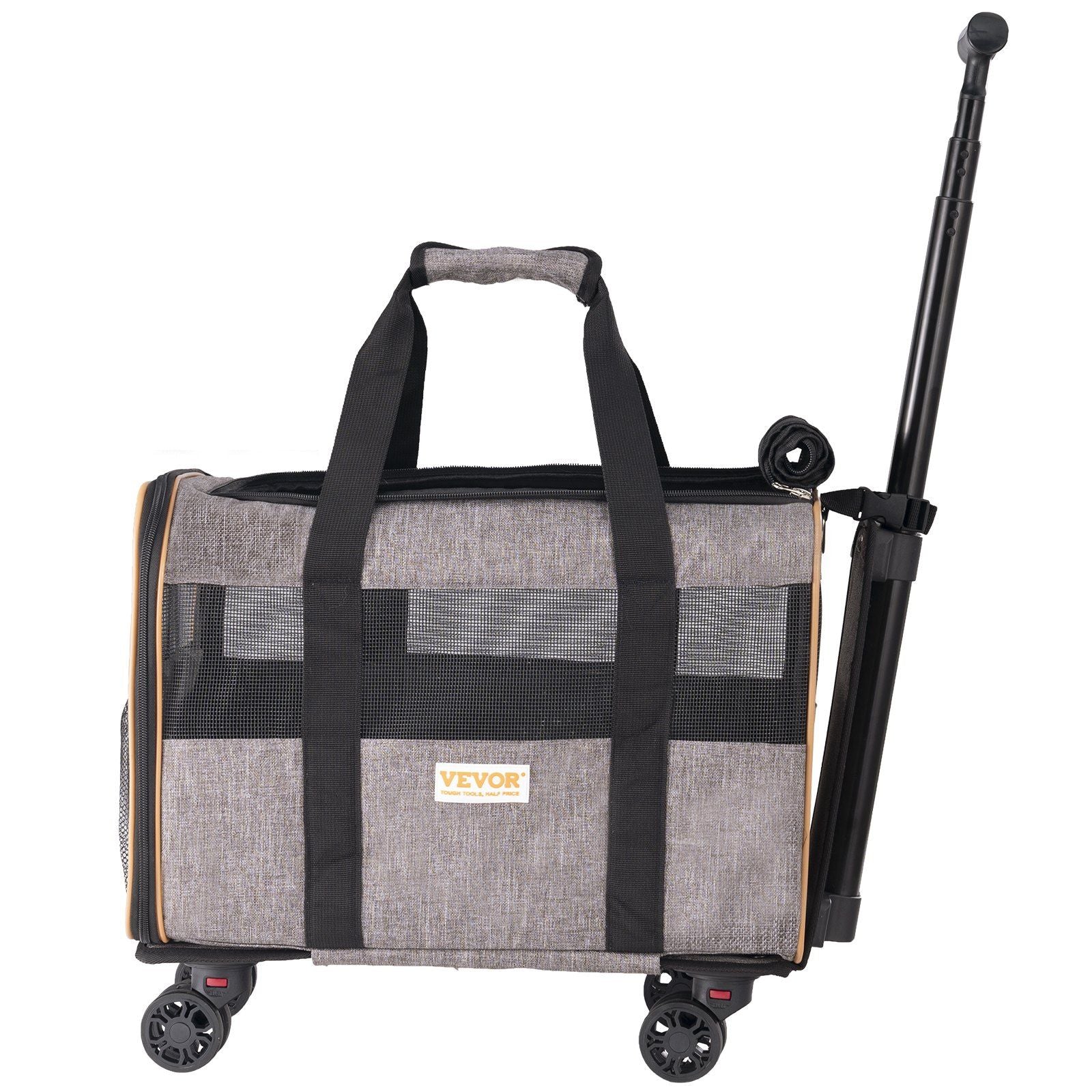Vevor Cat Carrier with wheels, airline-approved pet carrier with telescopic handle and breathable mesh, grey.