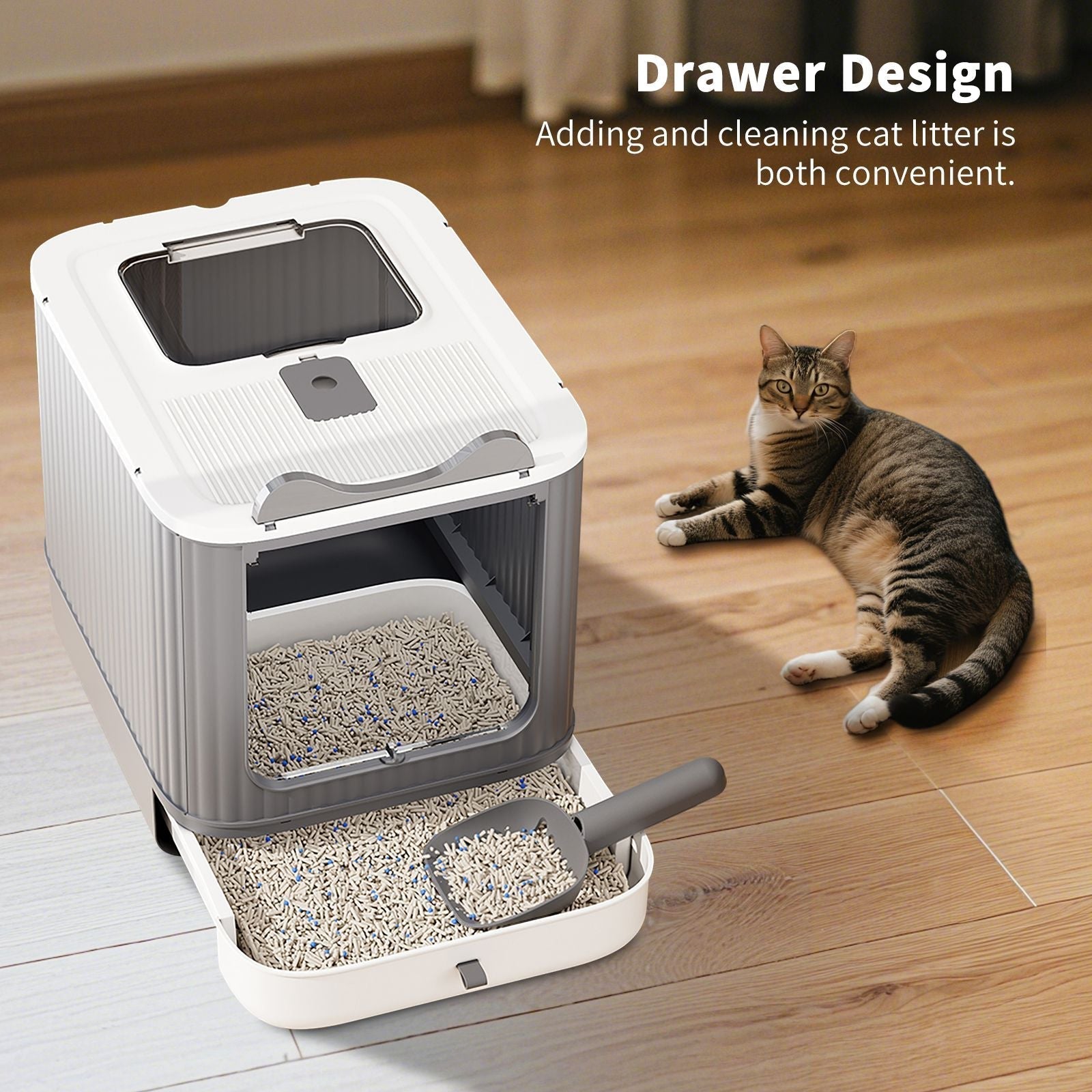 Foldable drawer style cat litter box with collapsible design and compact dimensions