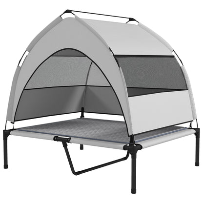 PawHut elevated dog bed with removable canopy, mesh panels, cooling pad, and storage bag, portable outdoor pet cot 36x29.5x35 inches