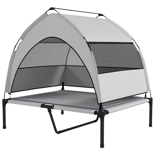PawHut elevated dog bed with removable canopy, mesh panels, cooling pad, and storage bag, portable outdoor pet cot 36x29.5x35 inches
