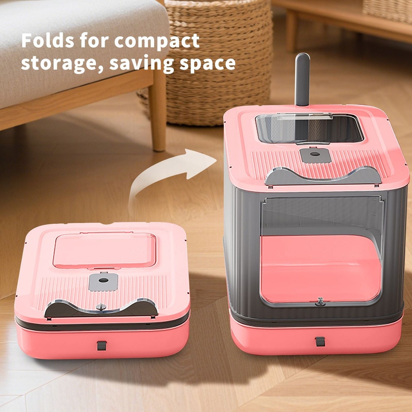 Foldable drawer style cat litter box with collapsible design and compact dimensions