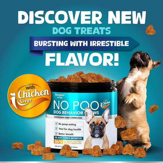 K9pinus No Poo dog behavior chews with a dog and treats on a blue background