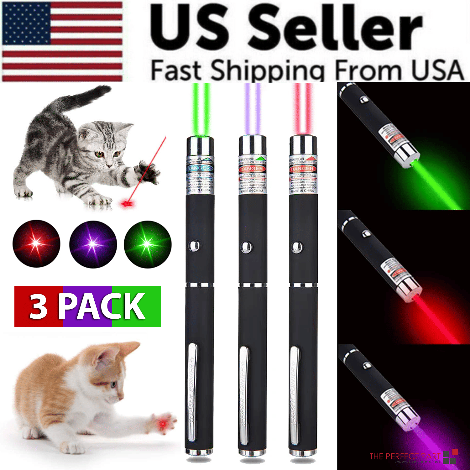 Three laser pointers with colorful beams, cat toys, and 'US Seller' text.