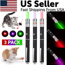 Three laser pointers with colorful beams, cat toys, and 'US Seller' text.